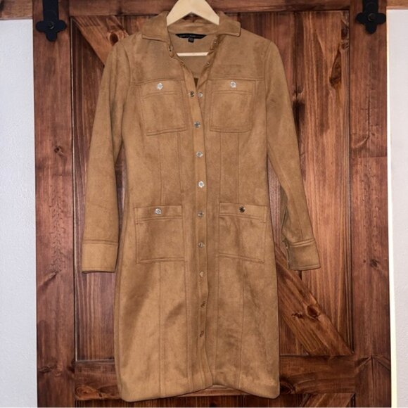 White House Black Market Camel Suede Long Sleeve Dress 4 - Picture 1 of 4